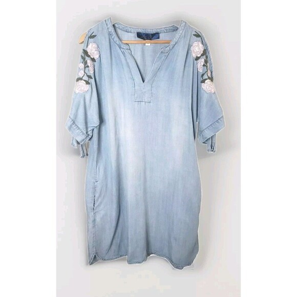Blue Rain Tencel Chambray Dress Women's M Blue Embroidered Floral Slit Sleeve - Picture 1 of 9